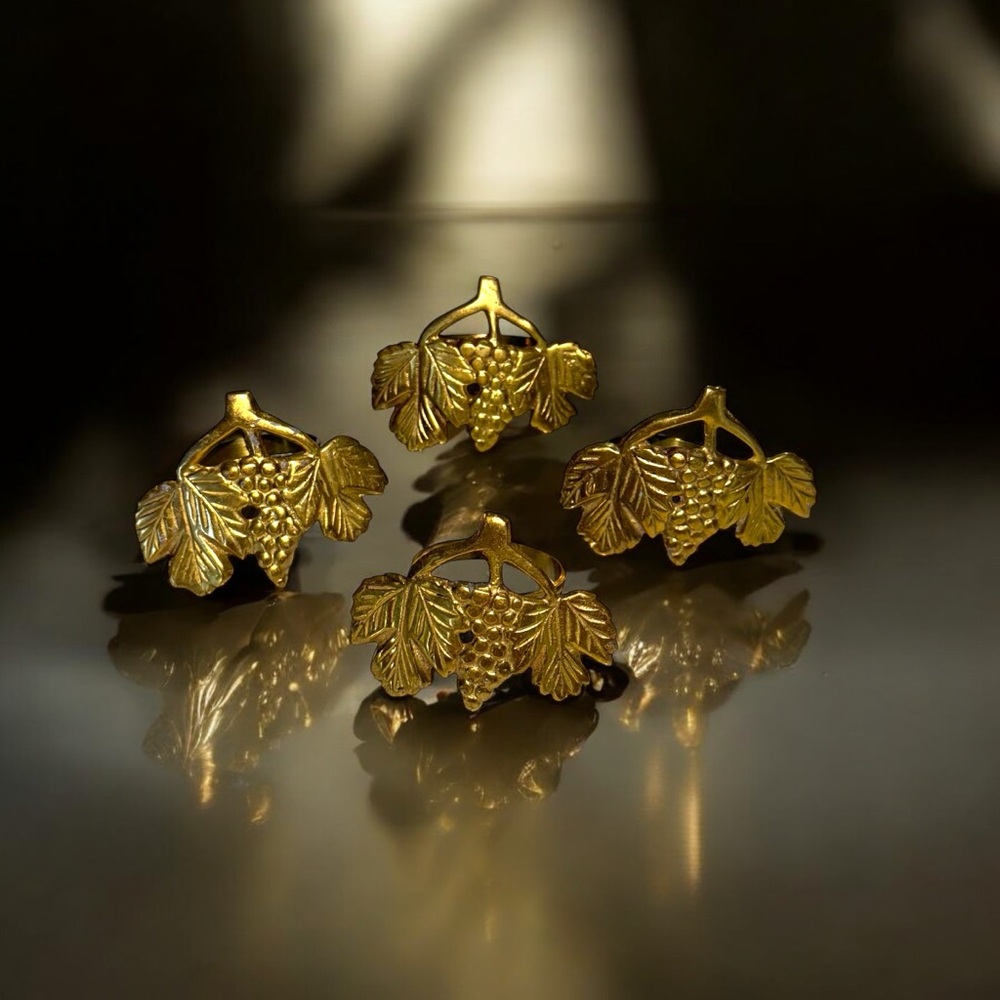 Vintage Brass Leaves Grapes Dinner Napkin Rings Set of 4